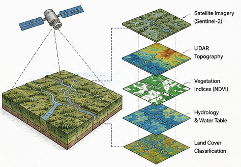 Illustrated geospatial monitoring system showing satellite imagery, LiDAR, vegetation indices, hydrology and land cover layers