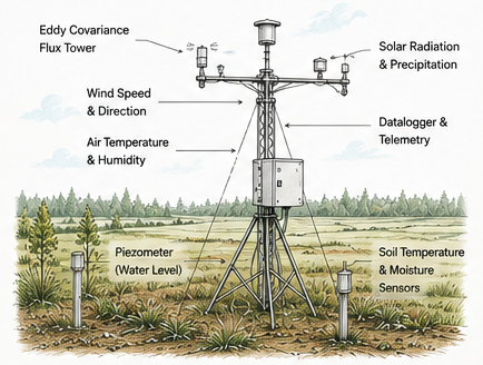 Illustrated peatland MRV equipment including Eddy Covariance tower, piezometers and environmental sensors