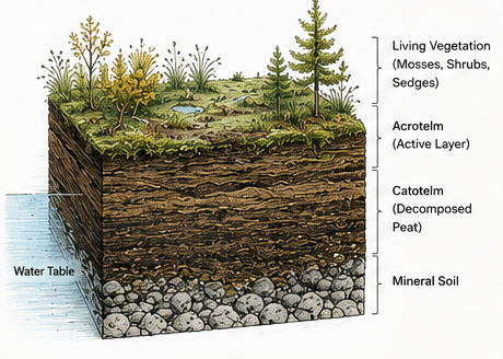 Illustrated peat profile showing living vegetation, active peat layer, decomposed peat, water table and mineral soil