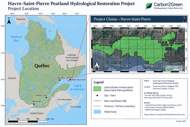 Combined Québec location map and satellite claim map for the Havre-Saint-Pierre Peatland Hydrological Restoration Project, including legend, coordinates and scale bars.